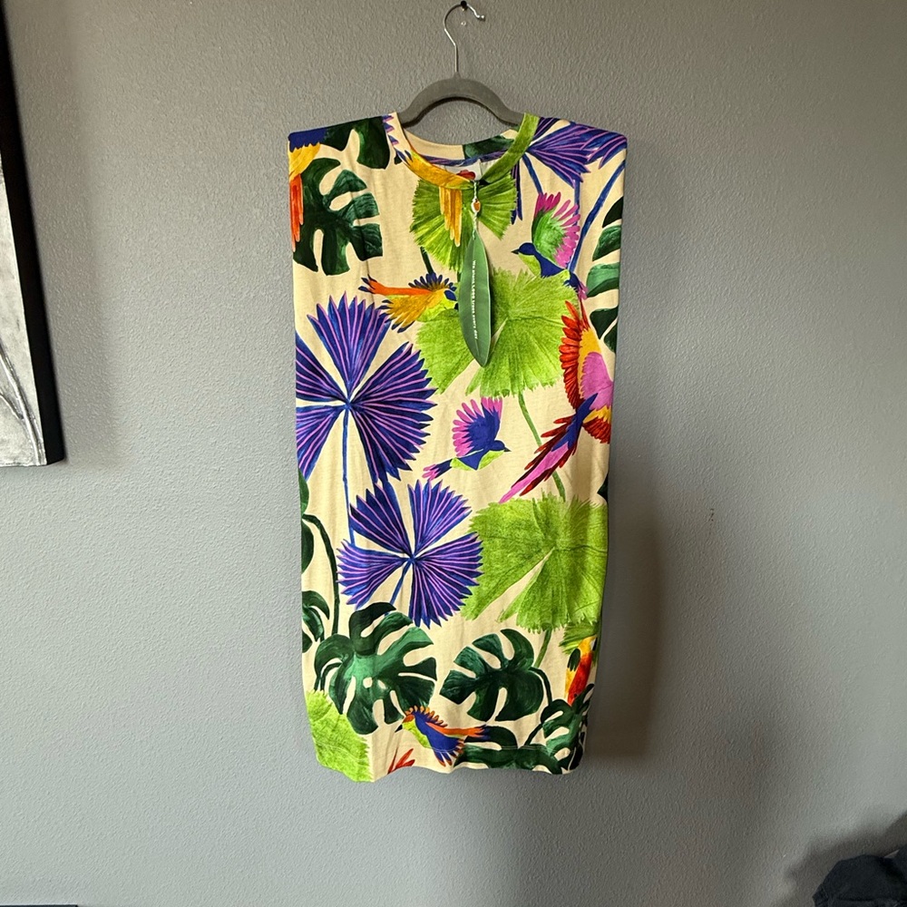 FARM Rio Cream Tropical Mini Dress with Green, Purple & Pink Accents